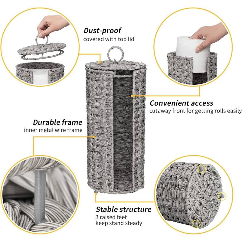 Freestanding Woven Toilet Paper Roll Holder with Lid for Bathroom, Power Room - 14.5'' H X 7'' W X 7'' D