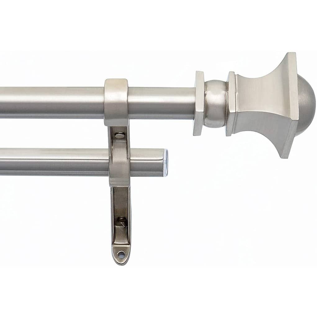 3/4 Inch Adjustable Silver Double Curtain Rod for Windows & Doors with Half Round Finials & Brackets Set -By Deco Window