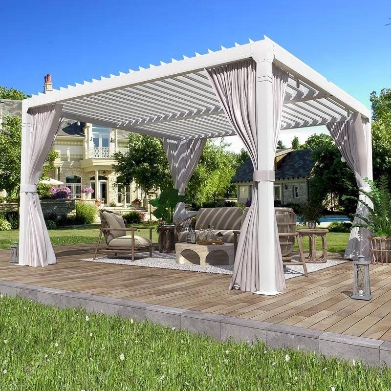 EROMMY Outdoor Louvered Pergola with Adjustable Aluminum Roof – Rainproof Gazebo for Patio & Garden - 12'x12' - White w/ Curtain