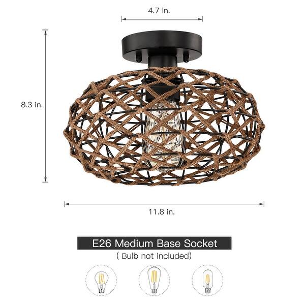1-Light Rustic Woven Jute Rope Semi-Flush Mount Ceiling Light - D12"x