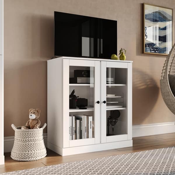 slide 2 of 37, Palace Imports 100% Solid Wood TV Stand with Clear Glass Doors for TVs up to 32" White