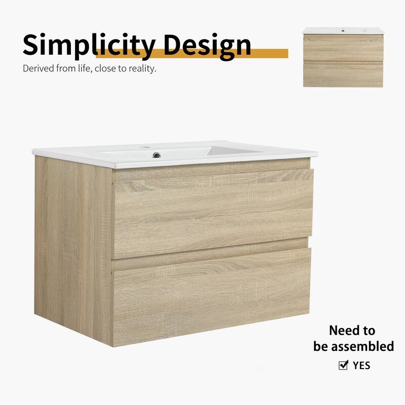 Wood Grain Design Bathroom Vanity with Ceramic Basin, Soft-Close Drawers, and Eco-Friendly Plywood Base - 30in L Plywood