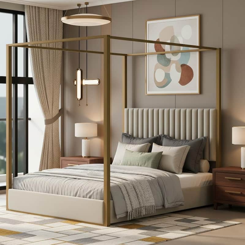 Upholstered Canopy Platform Bed with Velvet Headboard & Metal Frame by Harper&Bright Designs - Beige - Queen