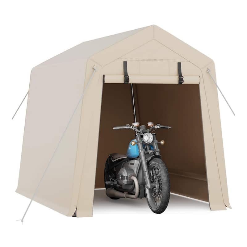 6x6 ft Heavy-Duty Carport Canopy Portable Garage Tent with Removable Sidewalls and Roll-Up Windows Khaki - Brown