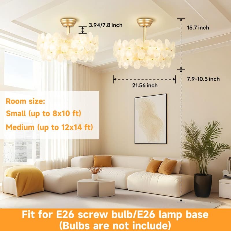 22 in. Indoor Gold Glass Flower Ceiling Fan with Light, Caged Fandelier with Remote Control, 6 Speeds for Bedroom