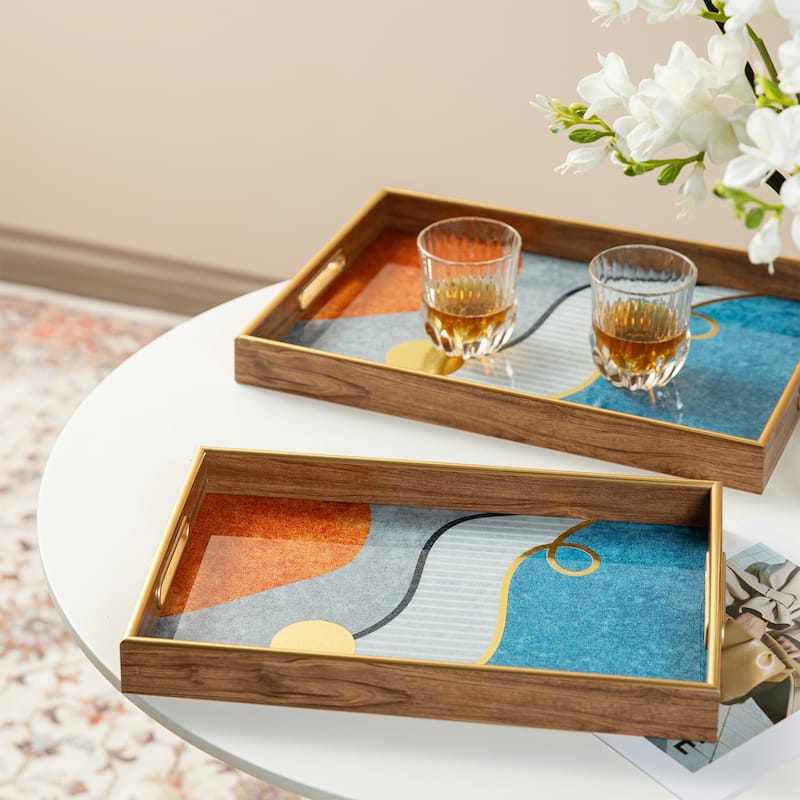 Glitzhome Set of 2 Rectangle Wooden & Plastic Decorative Fall Serving Trays with Handles