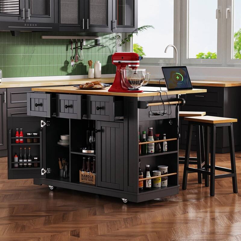 53" Rolling Kitchen Island with Drop Leaf, Power Outlet & Internal Door Storage, 5 Open Side Racks