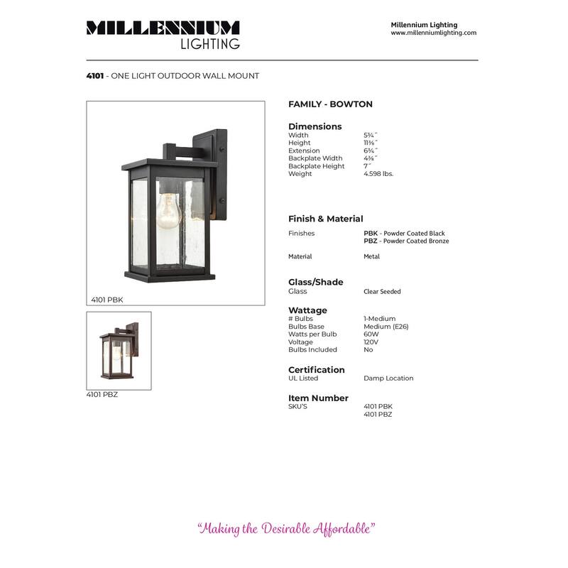 Millennium Lighting Bowton 1 Light Outdoor Wall Sconce in Powder Coat Bronze with a Clear Glass Shade