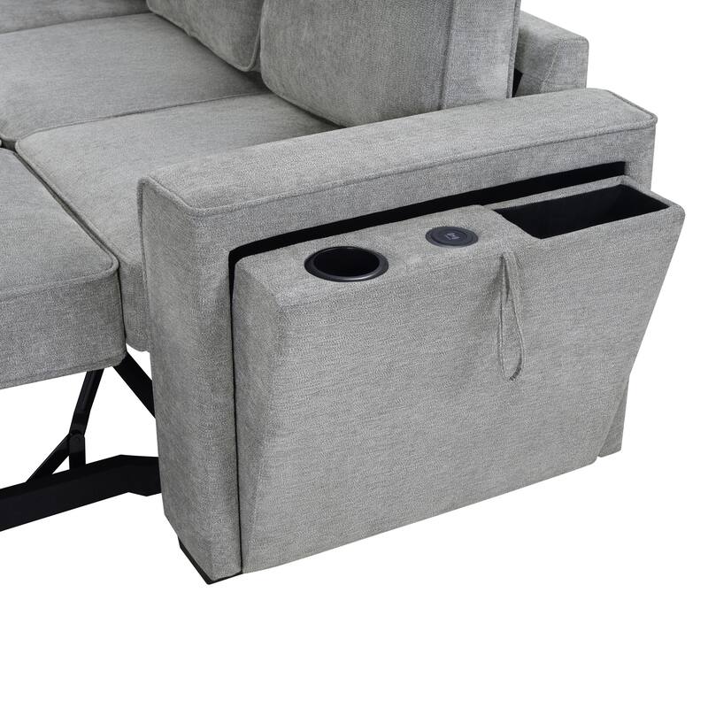 Convertible Sectional Sofa Bed with Flip-Top Table, USB Ports & Cup Holder, Chenille L-Shaped Sofa with Dual Pull-Out Sleepers