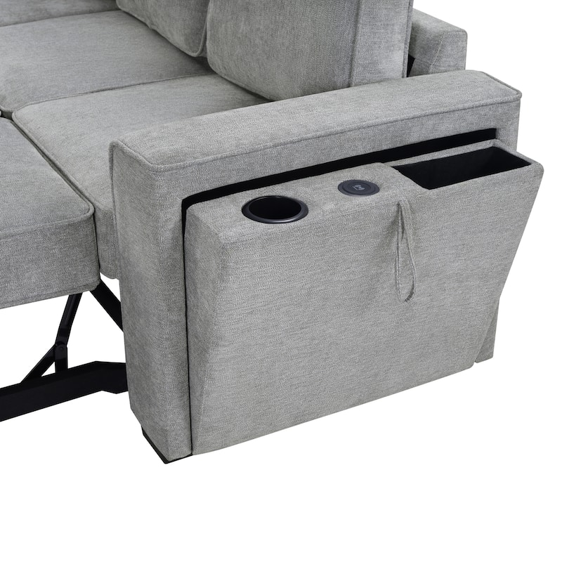 Roomfitters Convertible L-Shaped Sectional Sofa Bed with Dual Sleepers, Flip-Top Table, USB, Cup Holder & Storage