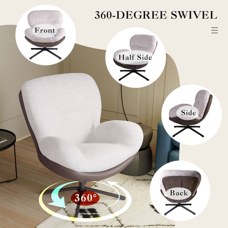 360° Swivel Accent Chair, Modern Chenille Lounge Chair with Faux Leather and Black Metal Base Frame, Comfortable Reading Chair