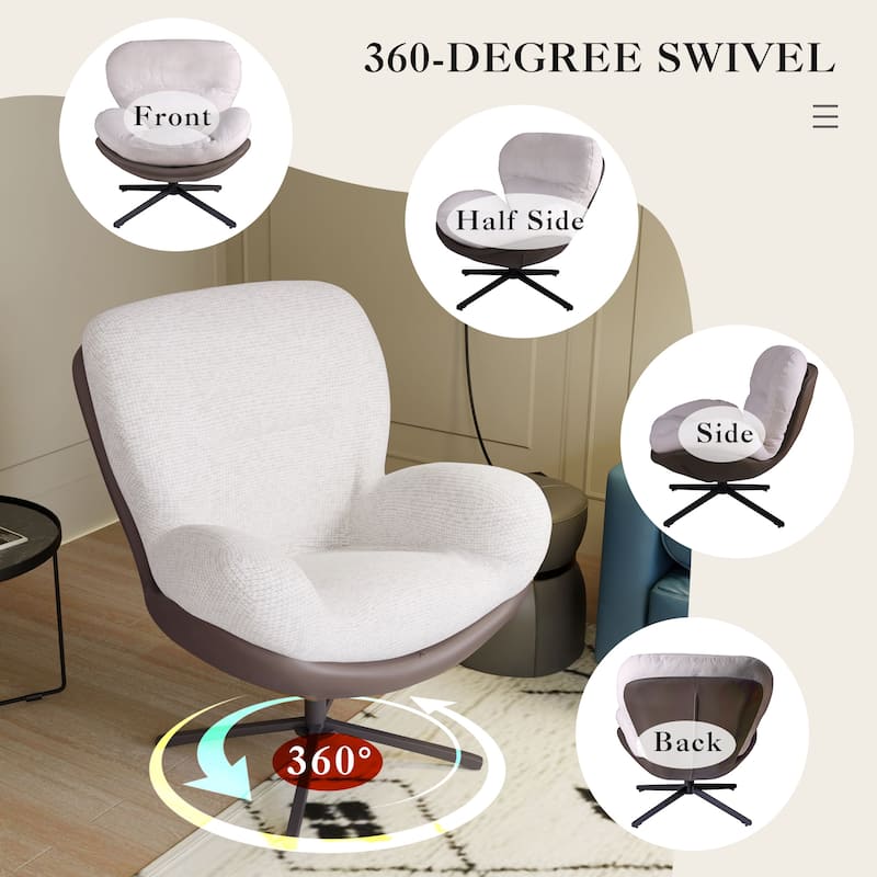 Brown+White Modern 32.25" Chenille 360° Swivel Lounge Chair with Faux Leather Metal Base Frame