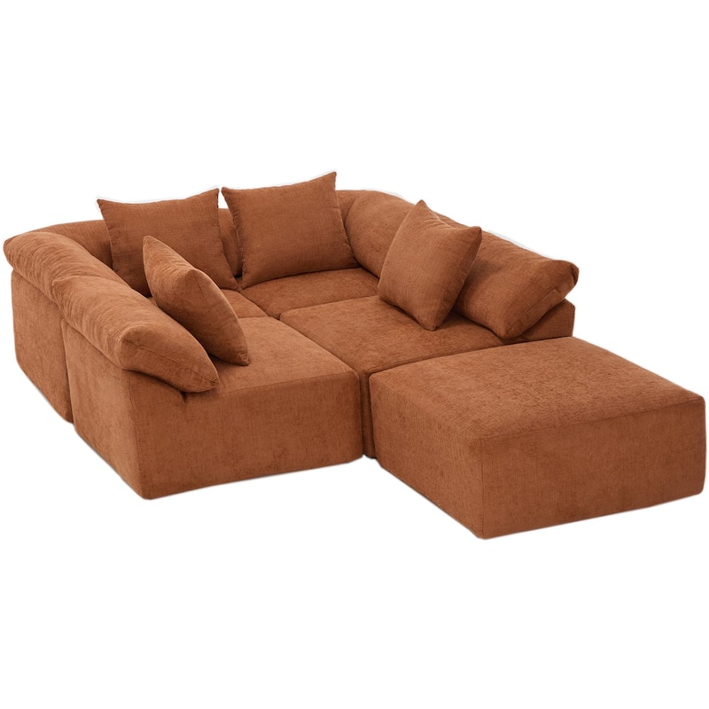 142" L-Shaped Modular Sectional Sofa, Floor Chenille Upholstered Couch with Ottoman, Convertible Sleeper Couch for Living Room