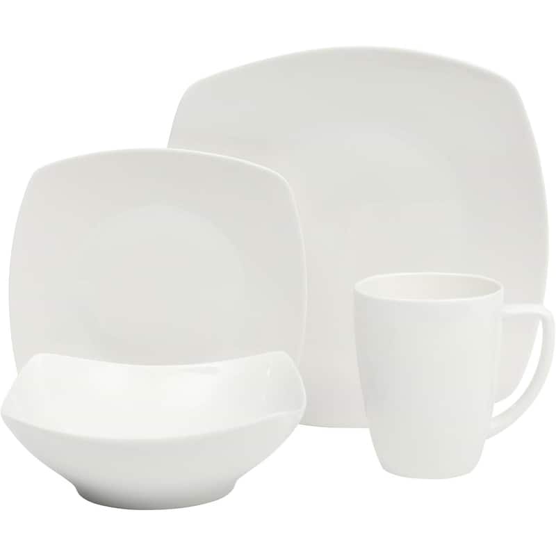 Modern White Square Porcelain Dinnerware Set 16 Piece Service for 4 Microwave and Dishwasher Safe