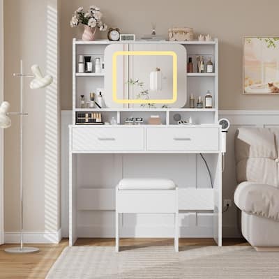 Vanity Desk with LED Mirror and Stool, Drawers, Storage Shelves, Charging Station