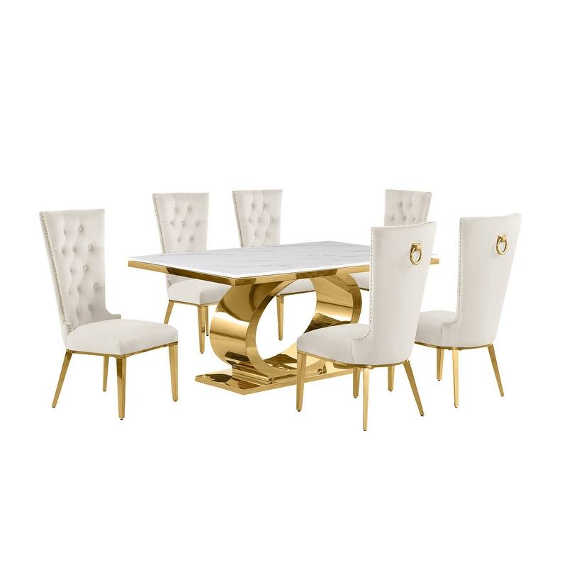 Best Quality Furniture D430/1-SC330-7 Dining Set with 68" White Marble Top