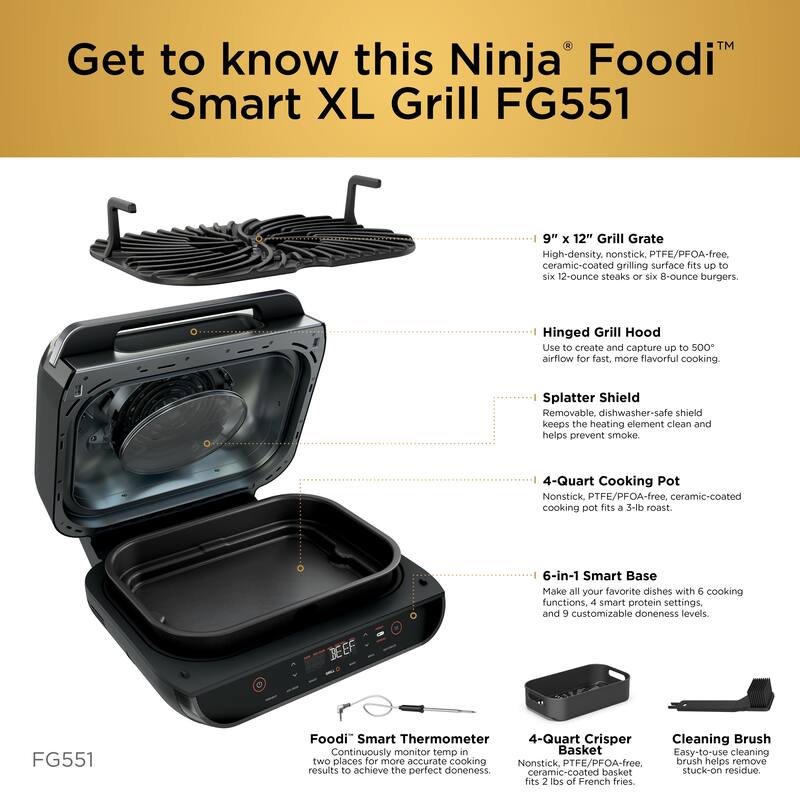 Ninja FG551 Foodi Smart XL 6-in-1 Indoor Grill with Smart Cook System