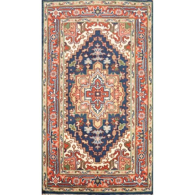 Hand Knotted Oriental 100% Wool Carpet Traditional Medallion Navy Blue & Blues Heriz (serapi) Area Rug - 5' 0'' X 3' 0''