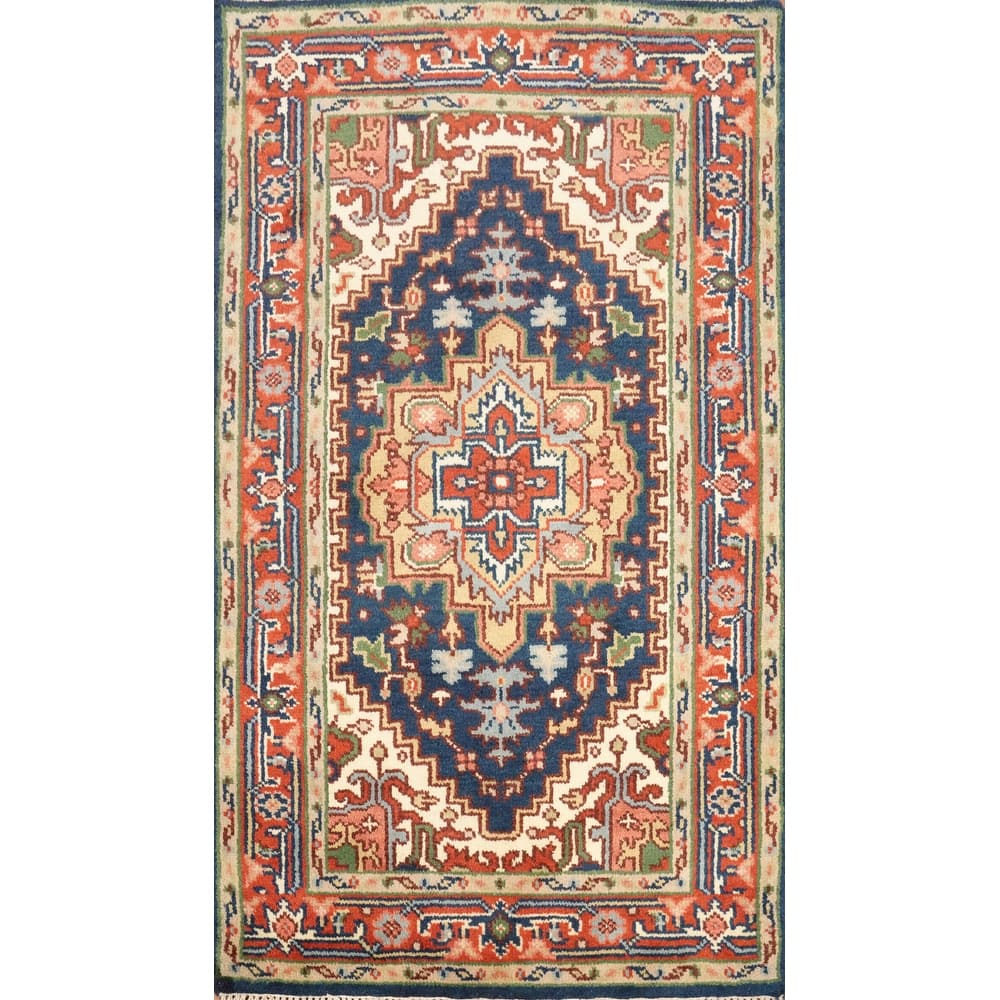 Hand Knotted Oriental 100% Wool Carpet Traditional Medallion Navy Blue & Blues Heriz (serapi) Area Rug - 5' 0'' X 3' 0''