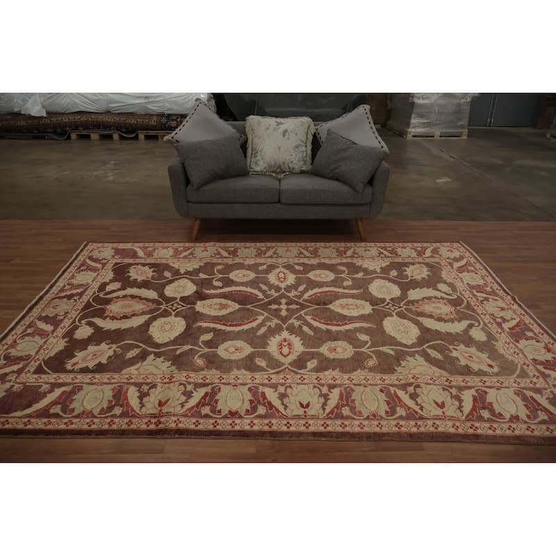Hand Knotted Oriental 100% Wool Carpet Traditional Floral Brown Peshawar Area Rug - 9' 8'' X 6' 10''