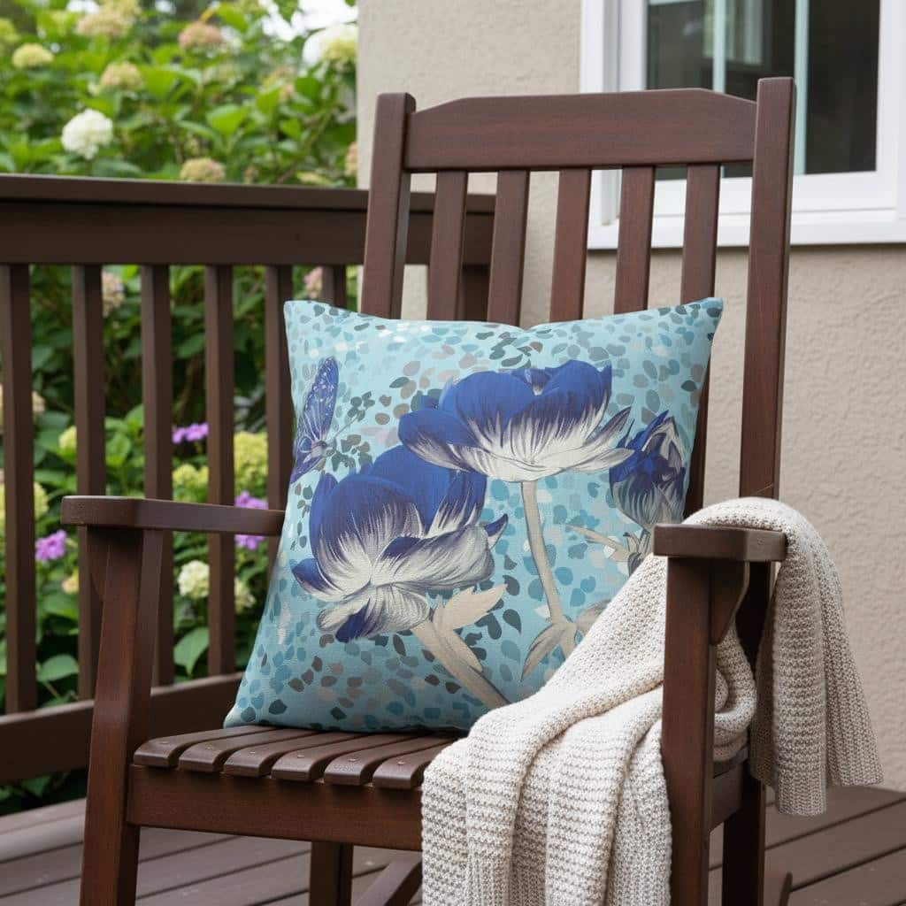 HomeRoots 26" x 26" Blue Butterfly Blown Seam Floral Indoor Outdoor Throw Pillow - 26.00' X '5.00' X '26.00