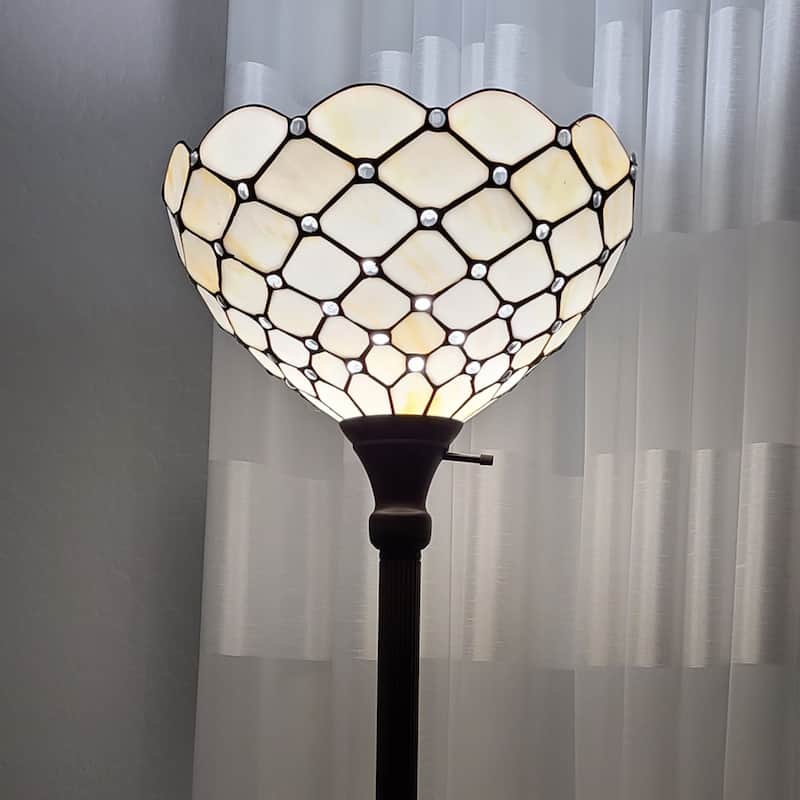 Brown Metal Torchiere Floor Lamp with Stained Glass Bowl Shade - 14" x 14" x 62" (D x W x H)