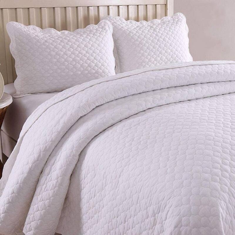 3pc King Size 100% White Cotton Quilt Set Lightweight Bedspread White
