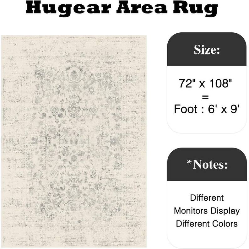 Light Grey Machine Washable Area Rug Retro Floral Vintage Low Pile Carpet