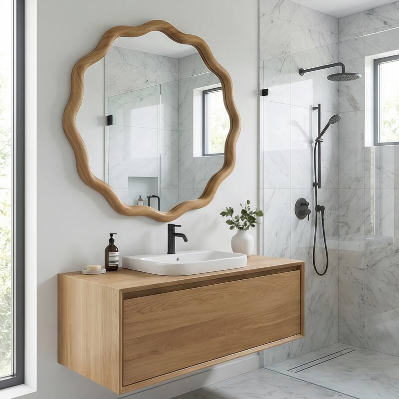 24 inch Wavy Round Solid Wood Frame Decorative Mirror,For Bedroom, Bathroom, Living Room, Entryway