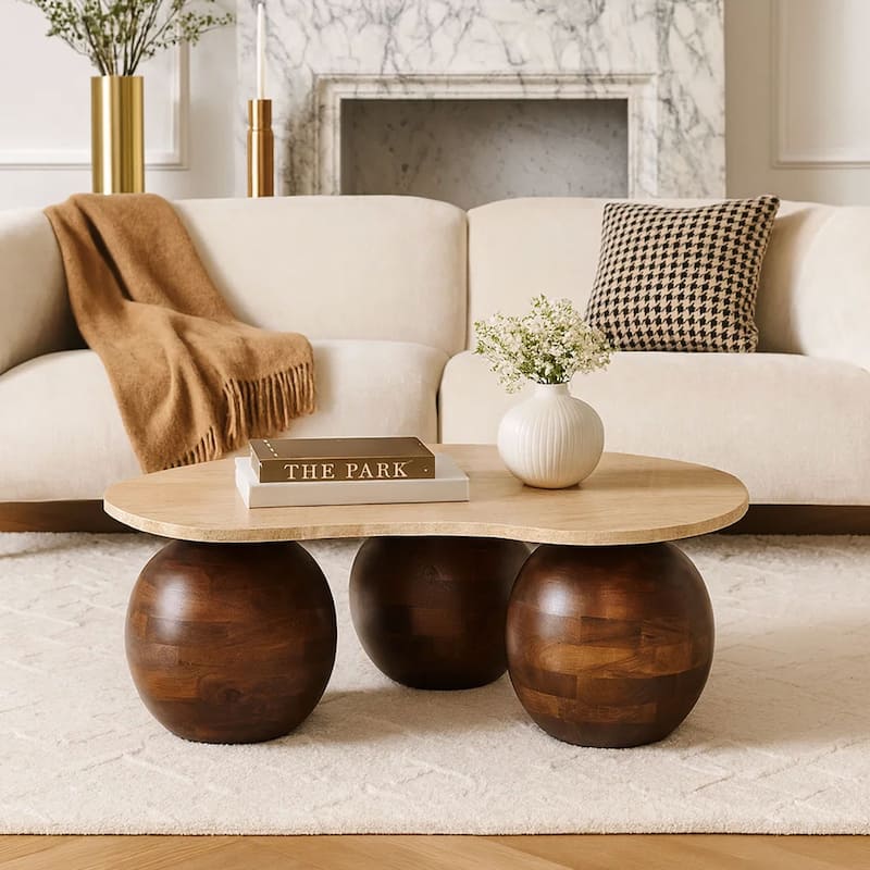 Resh Accent Coffee Table, Curved Natural Travertine Top, Round 3 Balls Wood Base