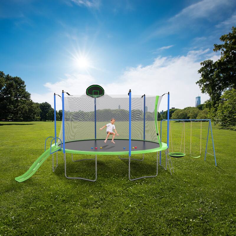 12FT Trampoline with Slide and Swings(Double color cover), Trampoline with Basketball Hoop and Ladder