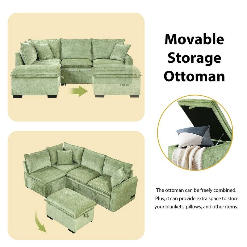 Modern Pull-Out Sleeper Sectional Sofa Bed with Storage Storage Ottoman