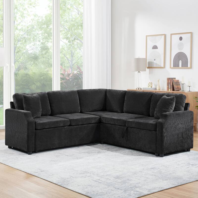 L-Shaped Sectional Sofa Bed, Chenille Upholstered Sleeper Sofa with Hidden Storage Compartment, 4 Seater Corner Sectional Sofa