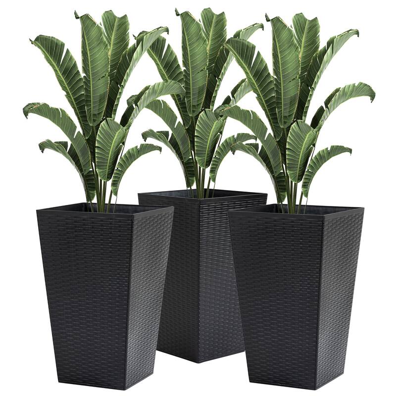 Set of 3 Rattan-Like Indoor/Outdoor Planter Pots with Self-Drainage - Black