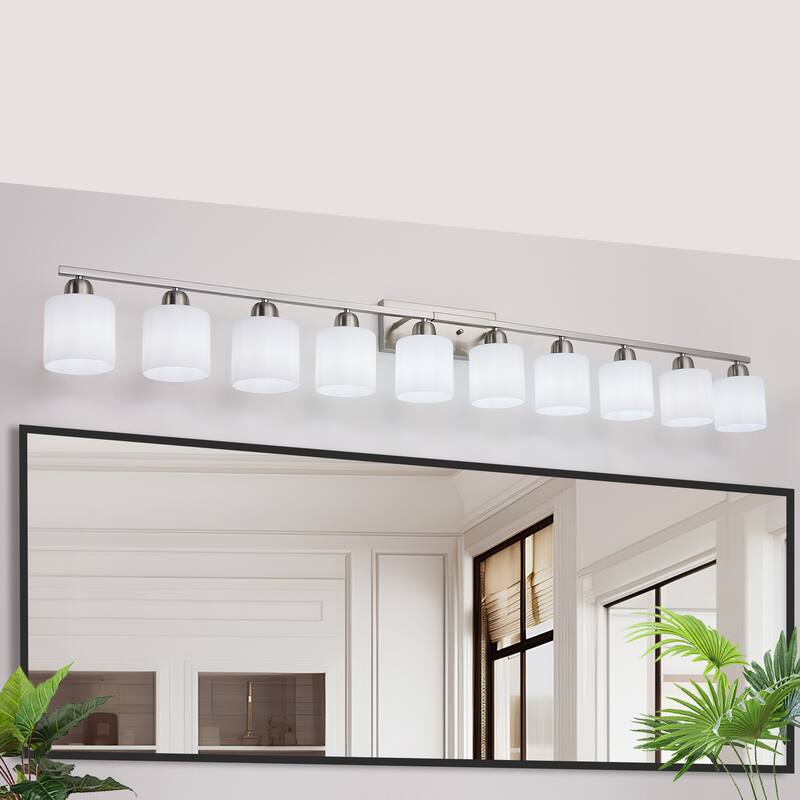 10-Light 65" Nickel Bathroom Vanity - Milky Glass - Wall Sconce for Bedroom, Living - Chrome