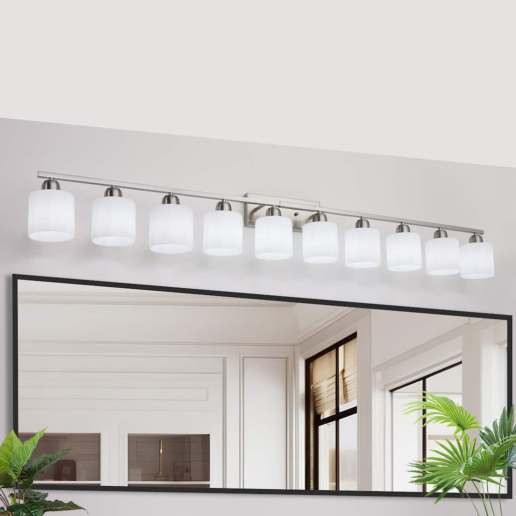 10-Light 65" Nickel Bathroom Vanity - Milky Glass - Wall Sconce for Bedroom, Living