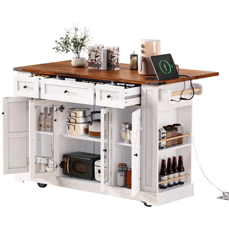 Rolling Kitchen Island with Two Tempered Glass Cabinet Doors & 3 Drawers, Kitchen Cart with Drop Leaf & 5 Open Side Racks