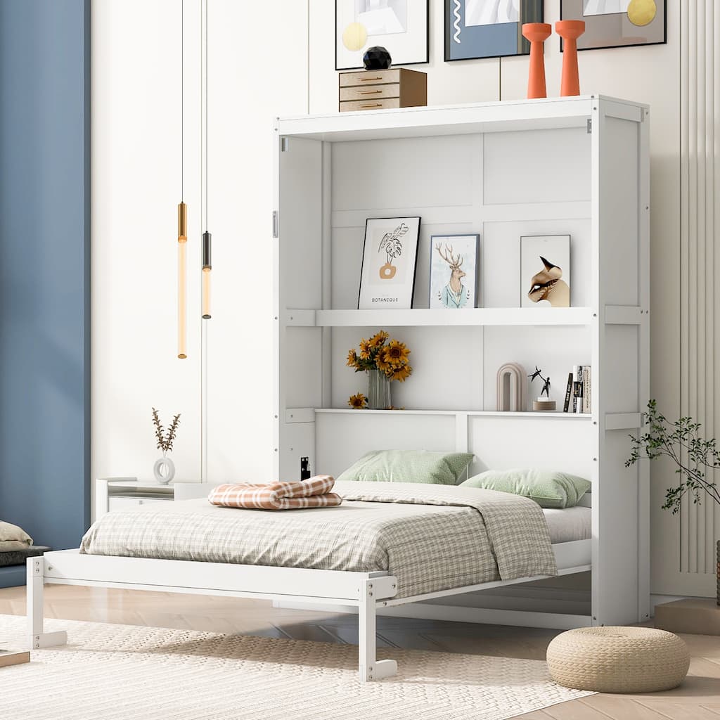 Roomfitters Full Size Murphy Bed with Shelves, Foldable Wall Bed with Storage Cabinet, White