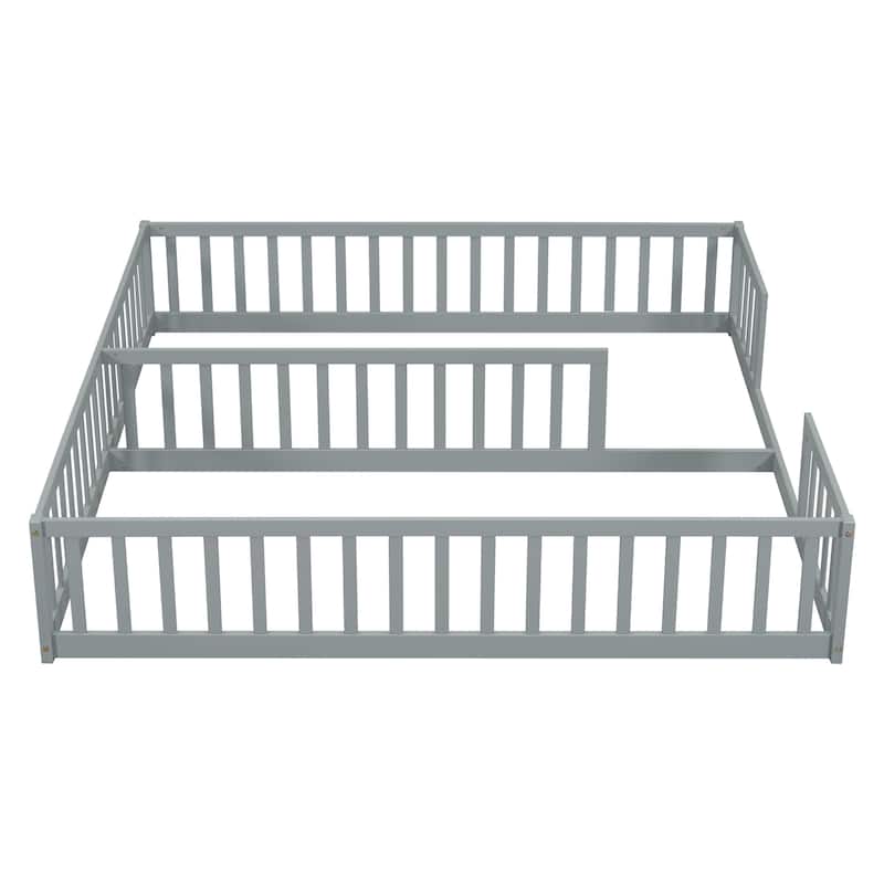 Double Twin Size Pine Wood Floor Bed with Guardrails