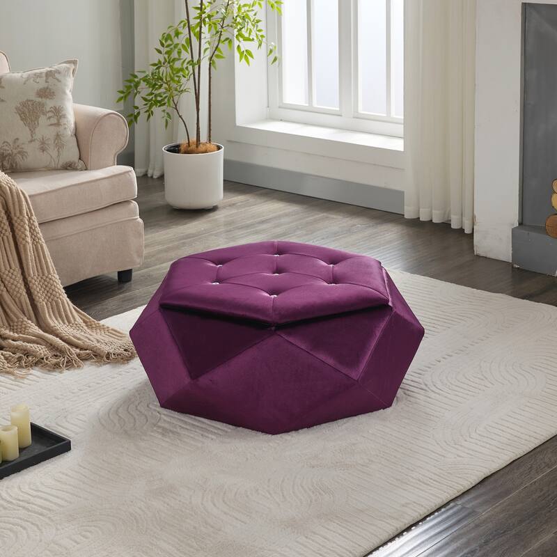Elegant Velvet Polygon Diamond Tufted Storage Ottoman for Living Room and Bedroom - Purple