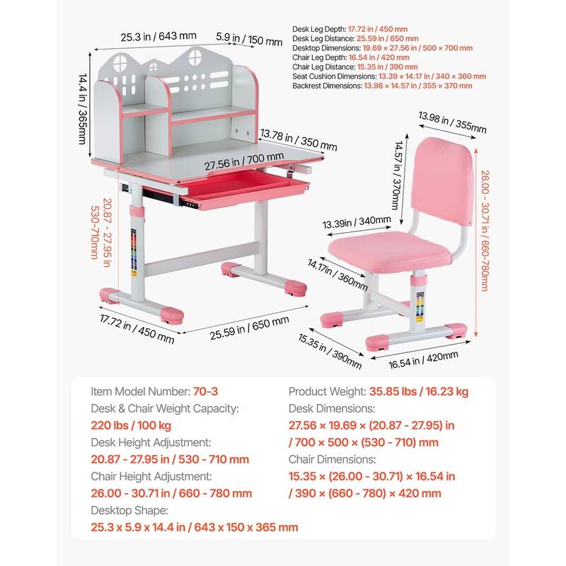 Pink Height Adjustable Kids Study Chair and Desk with Bookshelf and Drawer - 27.56 x 19.69 x (20.87 - 27.95) in