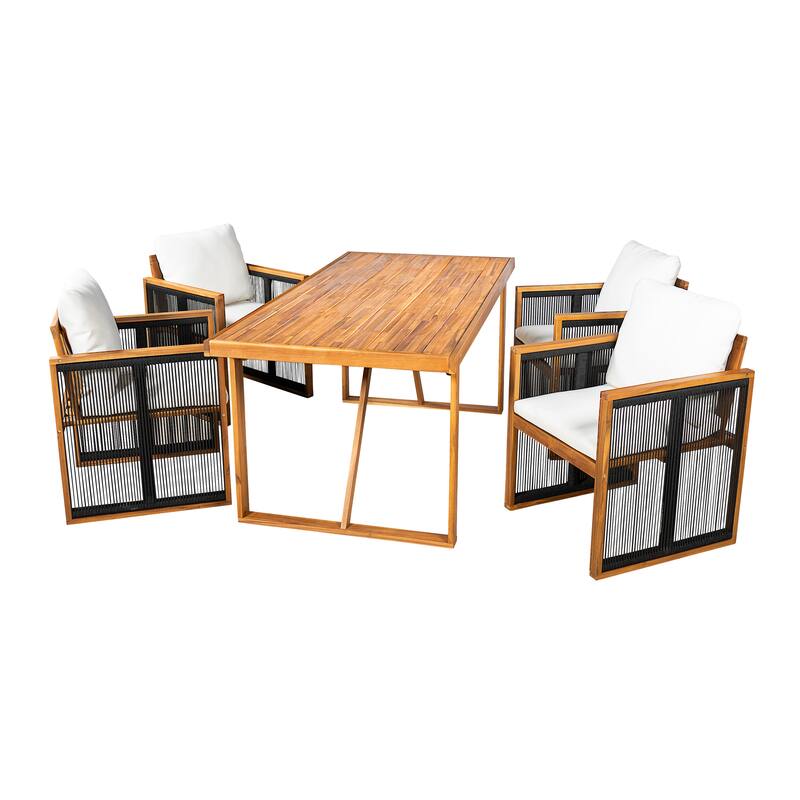 Christopher Knight Home - Modern Outdoor Acacia Wood Dining Set with Cushions and Handwoven Rope Chairs