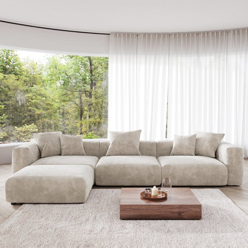 4-Piece L-Shape Sectional Sofa Corduroy Upholstered Couch with Ottoman - Beige