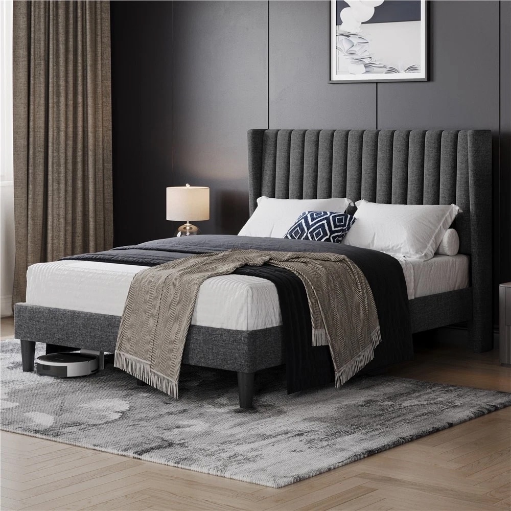 Full Upholstered Platform Bed Frame Tufted Headboard Dark Gray