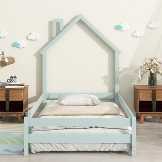 Twin Size Floor Bed w/ House-shaped Headboard Upholstered Bed Frame
