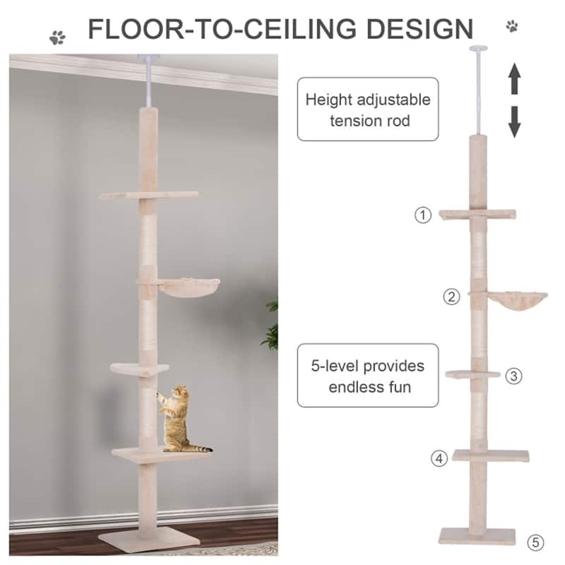 Durable Cat Tree with Plush Covers, Adjustable Height, and Safety Tension Rod - 90.5'' to 102.25