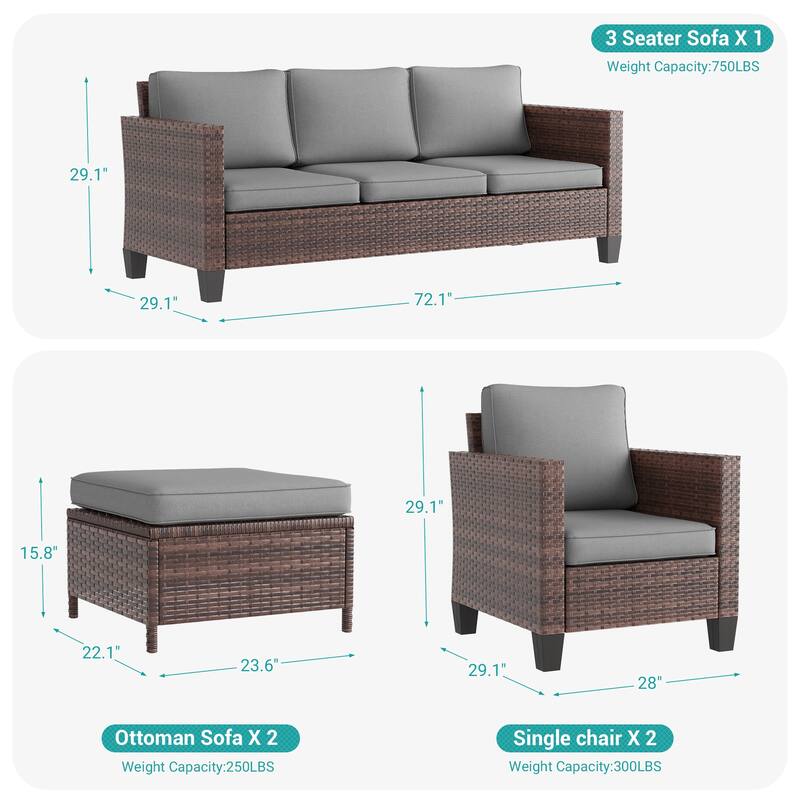 BONOSUKI 5-Piece Patio Sofa Sets Brown Rattan Outdoor Furniture Set