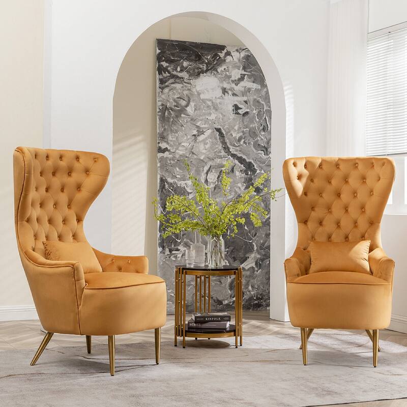 KINWELL Tufted High Wingback Accent Chairs Velvet Armchairs, Set of 2