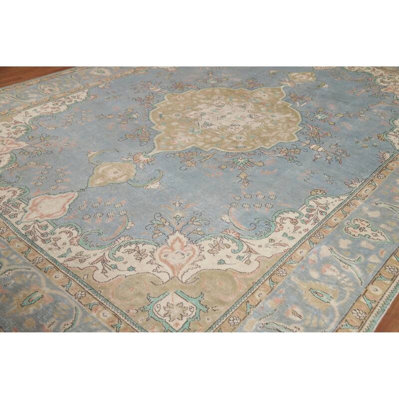 Blue Tabriz Persian Vintage Area Rug Hand-Knotted Wool Carpet - 9'6" x 12'8"