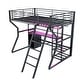 preview thumbnail 10 of 15, Full Size Gaming Loft Bed with Built-in Work Station, Open Wardrobe and LED Light, Metal Loft Bedframe with Storage Shelves
